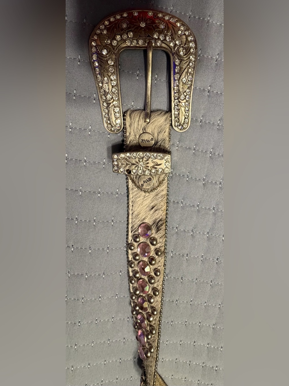 Western-Style Women’s Belt with rhinestones Pink Cowhide genuine leather - Picture 8 of 12